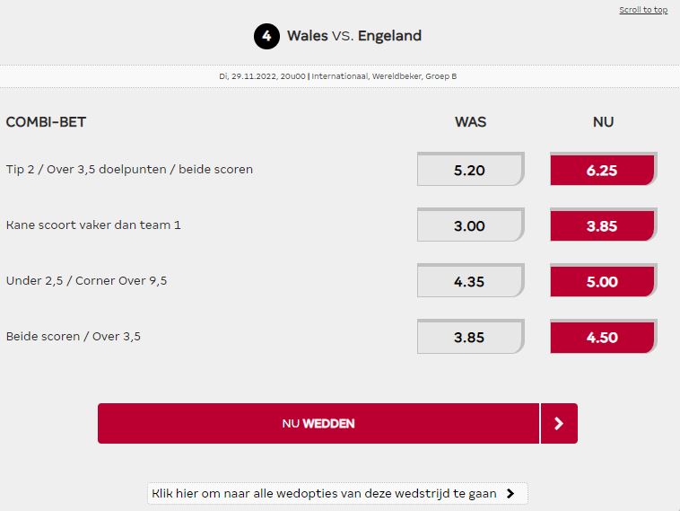 Wales - Engeland odds boost